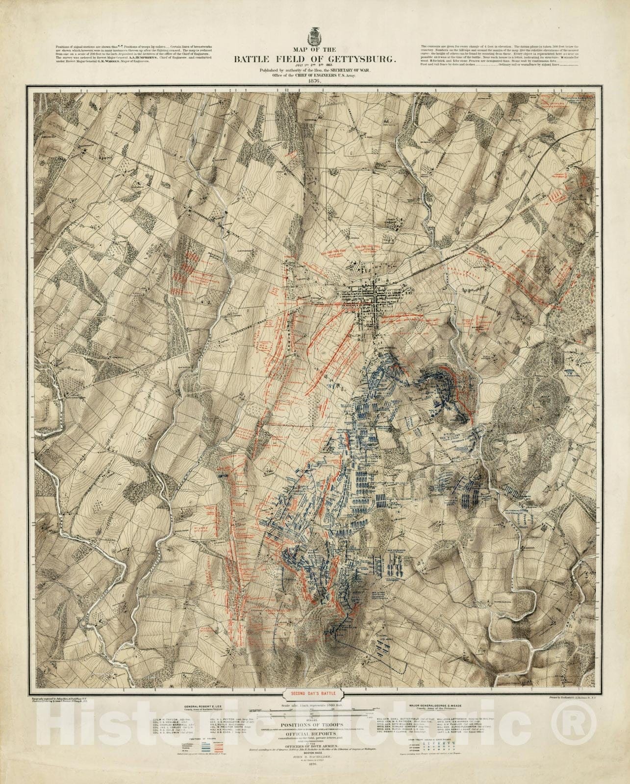 Historic Map : Map of the Battlefield of Gettysburg July 1st, 2nd, 3rd 1863 (2nd day), 1876, v2, Vintage Wall Art