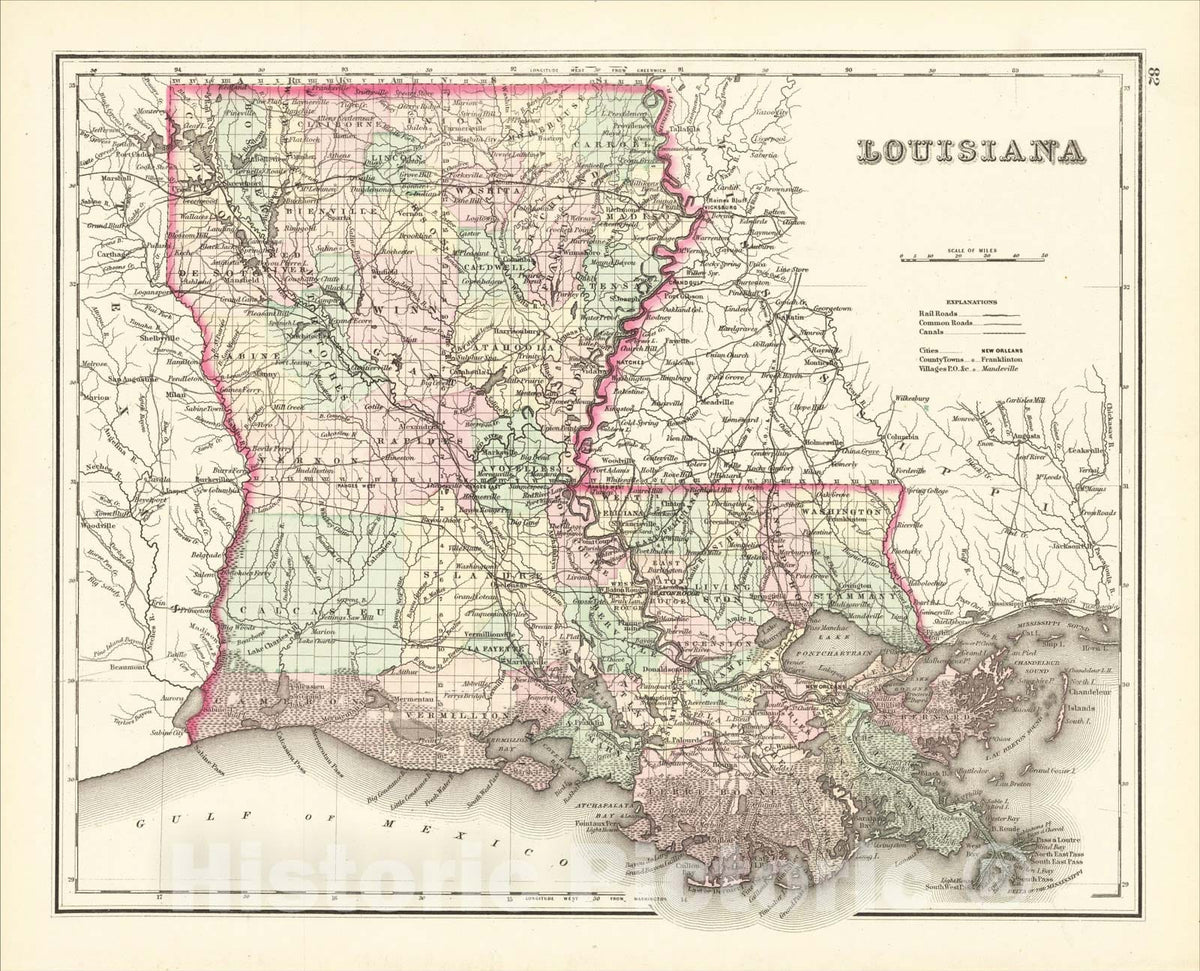 Historic Map : Louisiana, 1875, O.W. Gray, Vintage Wall Art