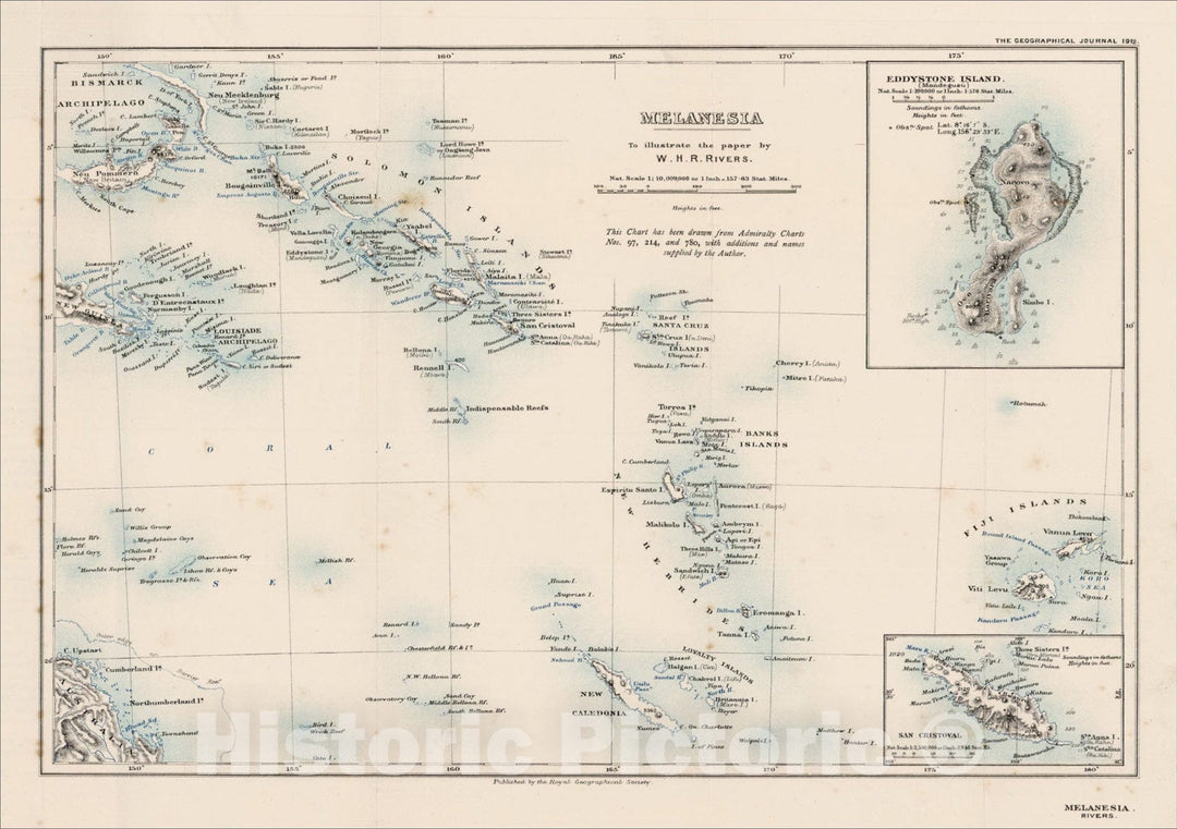 Historic Map : Melanesia -- To illustrate the paper by W. H. R. Rivers (with report), 1912, Royal Geographical Journal, Vintage Wall Art