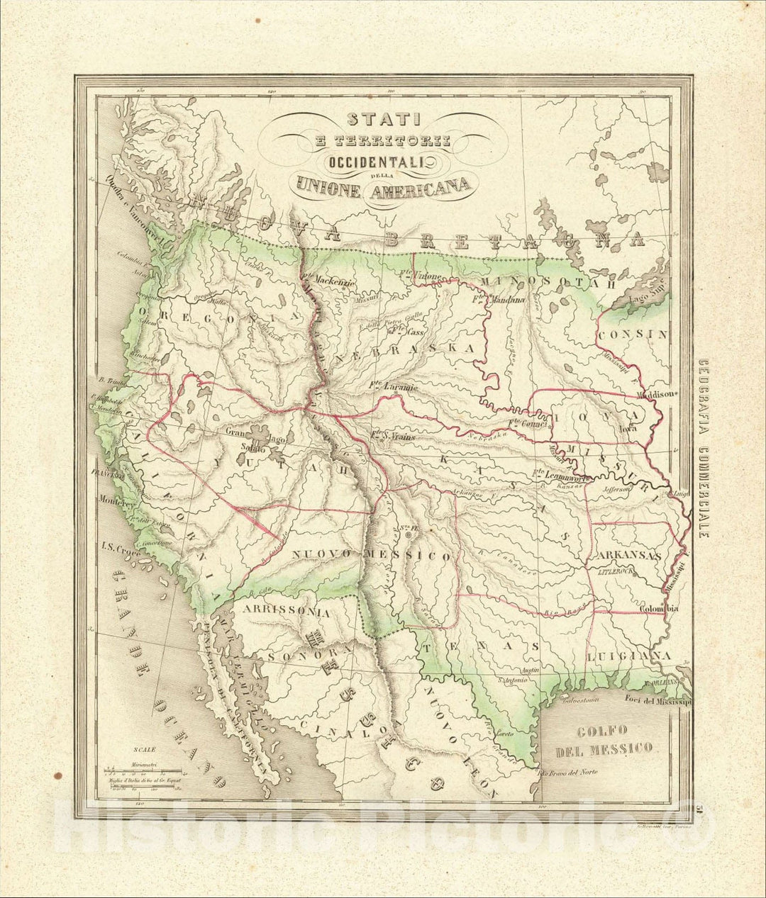 Historic Map : Stati E Territorii Occidentali Della Unione Americana, 1858, Francesco Costantino Marmocchi, Vintage Wall Art