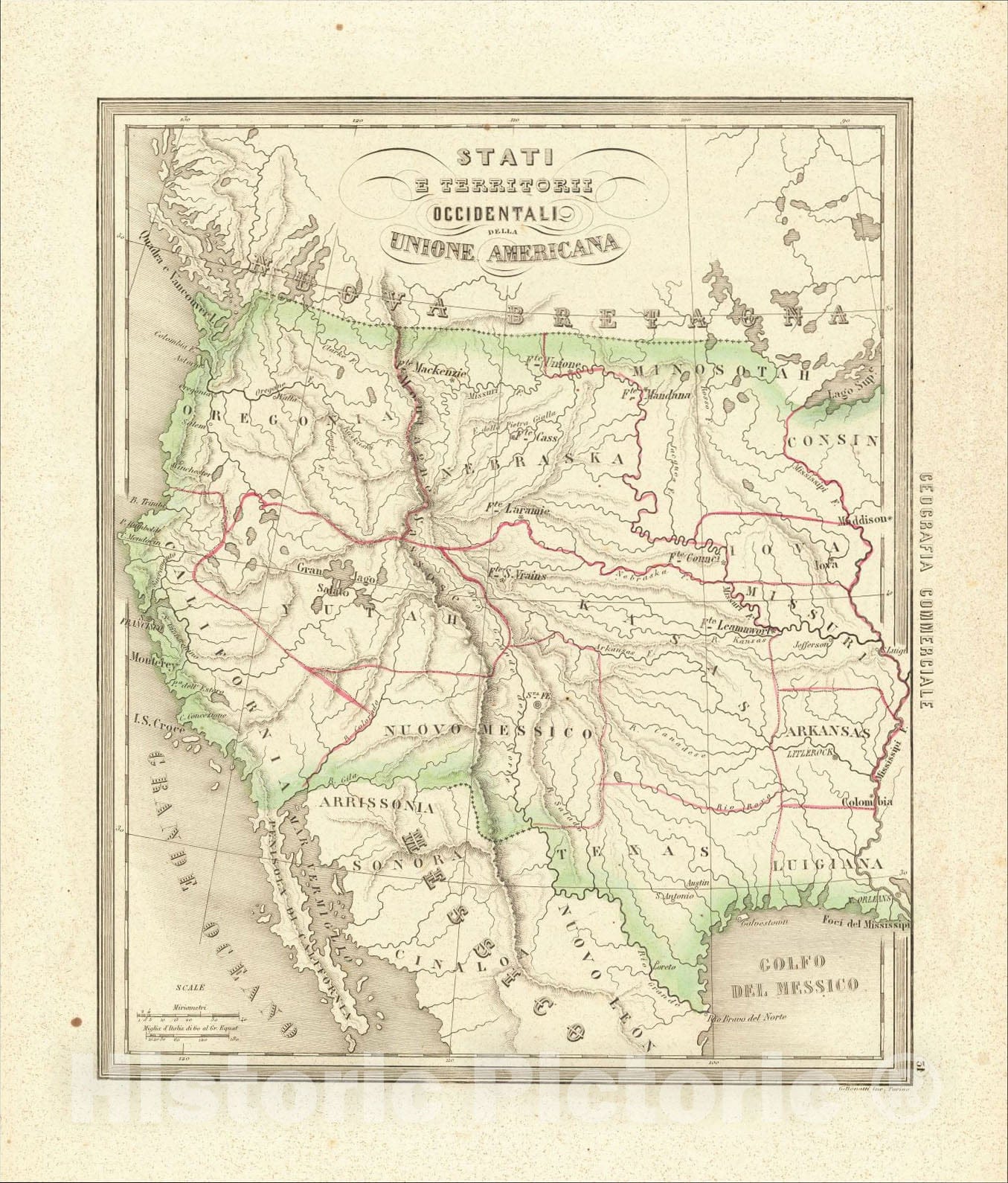 Historic Map : Stati E Territorii Occidentali Della Unione Americana, 1858, Francesco Costantino Marmocchi, Vintage Wall Art