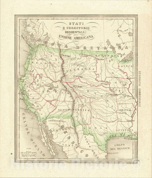 Historic Map : Stati E Territorii Occidentali Della Unione Americana, 1858, Francesco Costantino Marmocchi, Vintage Wall Art