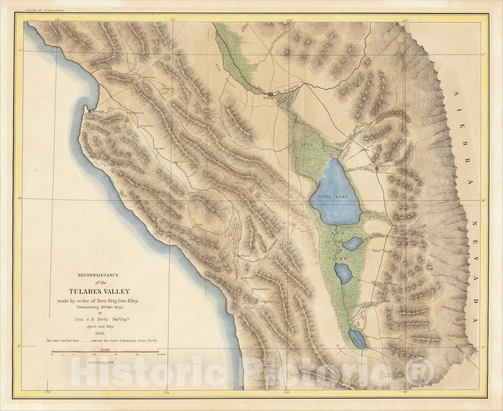 Historic Map : Reconnaissance of the Tulares Valley made by order of Brev. Gen. Riley, Commanding 10th Mil. Dept. by Lieut G.H. Derby, 1850, 1850, Vintage Wall Art