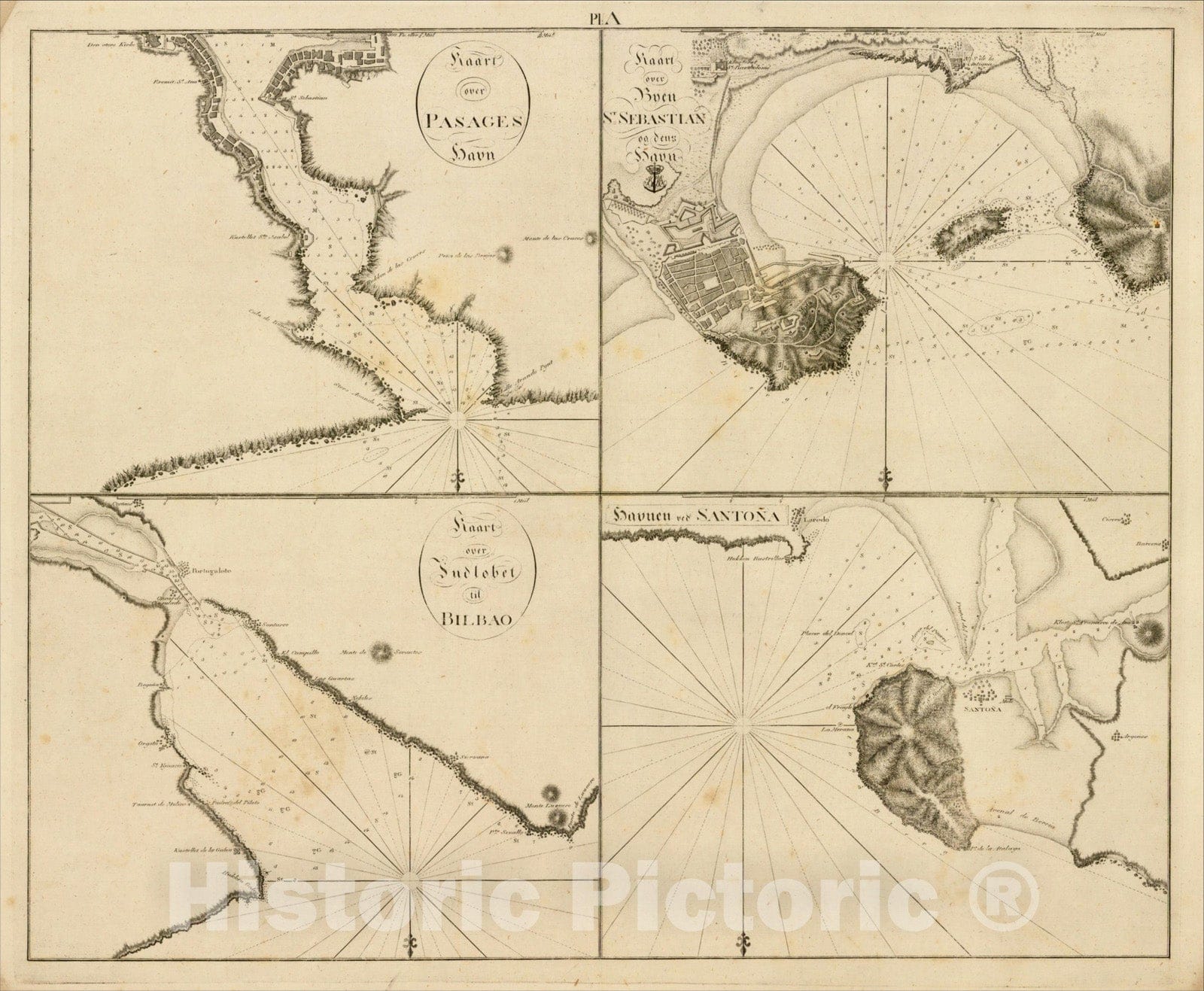 Historic Map : Kaarte over Pasages Havn, Kaart over Byen St. Sebastian og dens Havn, Kaart over Sudlobet til Bilbao, Havenen ved Santo?, c1819, Anonymous, Vintage Wall Art