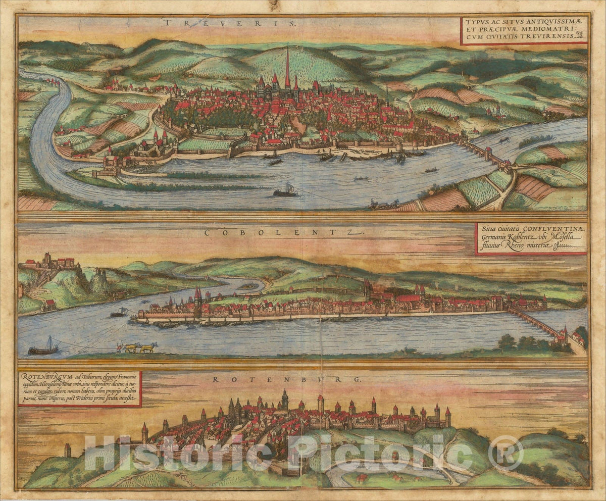 Historic Map : Trier - Koblentz - Rotenburg, Typus Ac Situs Antiquissimae et Praecipuae Mediomatricum Civitatis Trevirensis, c1572, Georg Braun, Vintage Wall Art