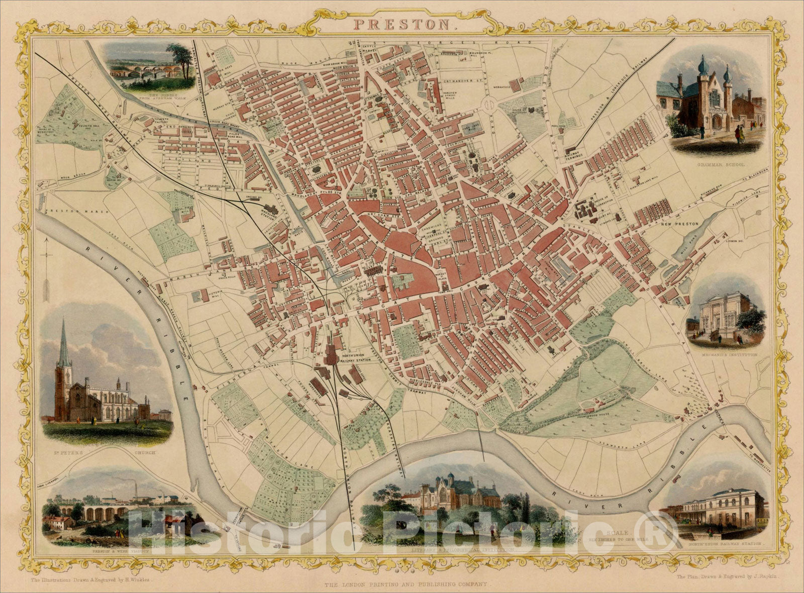 Historic Map : Preston, 1851, John Tallis, Vintage Wall Art