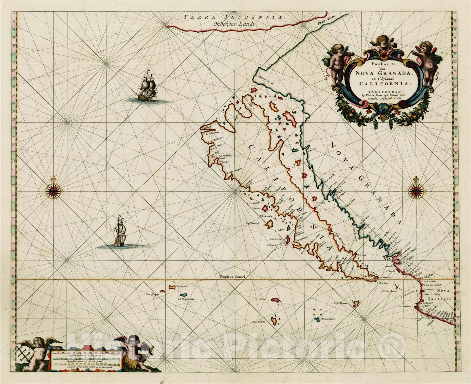 Historic Map : Paskaerte van Nova Granada, en t'Eylandt California, 1666 [Gold Highlights], 1666, , Vintage Wall Art