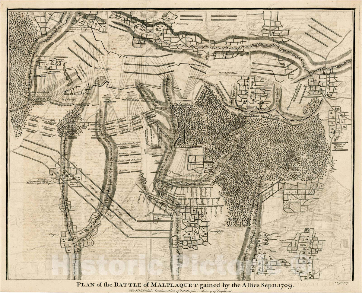 Historic Map : Plan of the Battle of Malplaquet gained by the Allies Sept 11, 179, 1740, Paul de Rapin de Thoyras, Vintage Wall Art