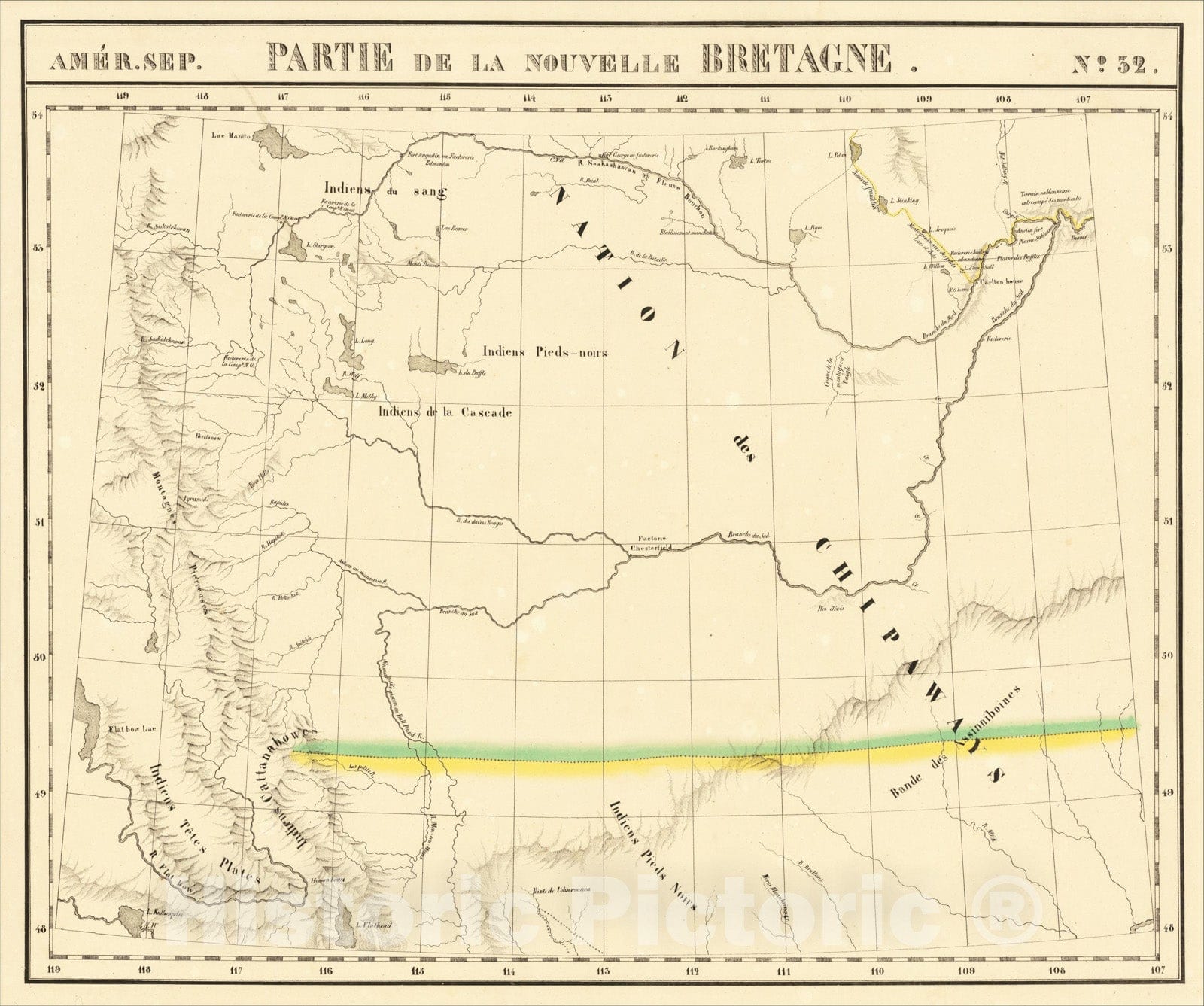 Historic Map : [Montana, Calgary, Edmonton, Saskatchewan] Amer. Sep. No. 32. Partie De La Nouvelle Bretagne, 1825, Philippe Marie Vandermaelen, Vintage Wall Art