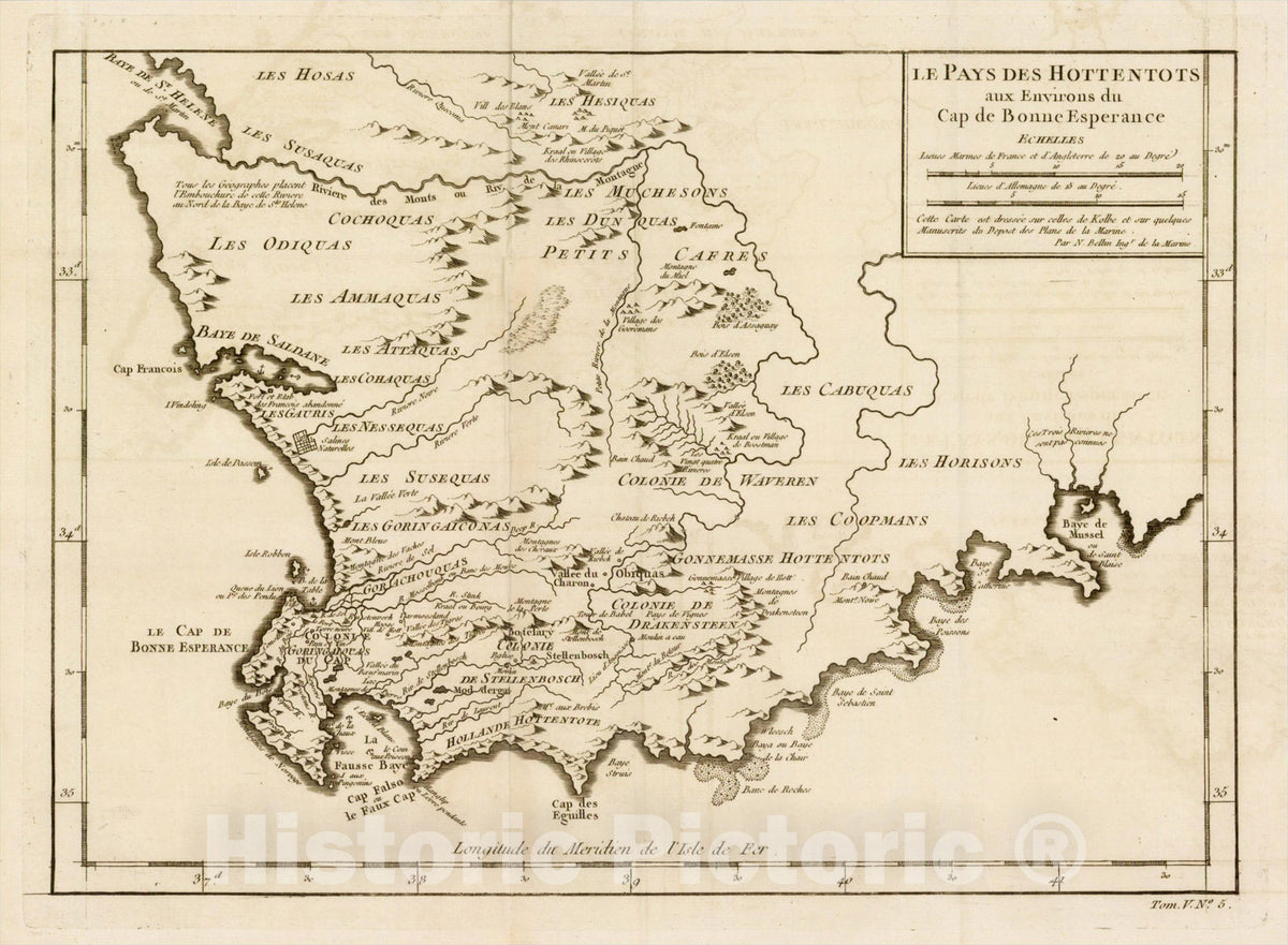 Historic Map : Le Pays De Hottentots aux Environs du Cap de Bonne Esperance , 1757, Jacques Nicolas Bellin, Vintage Wall Art