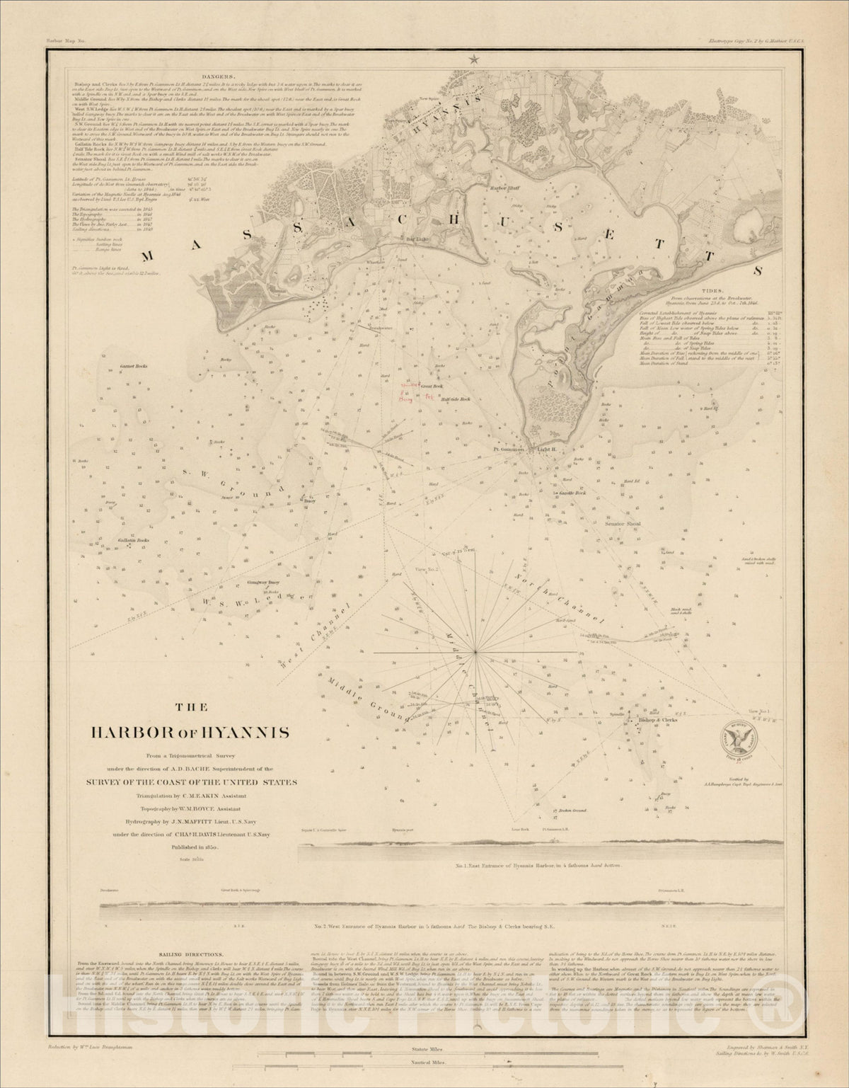 Historic Map : The Harbor of Hyannis From A Trigonometrical Survey, 1850, 1850, , Vintage Wall Art