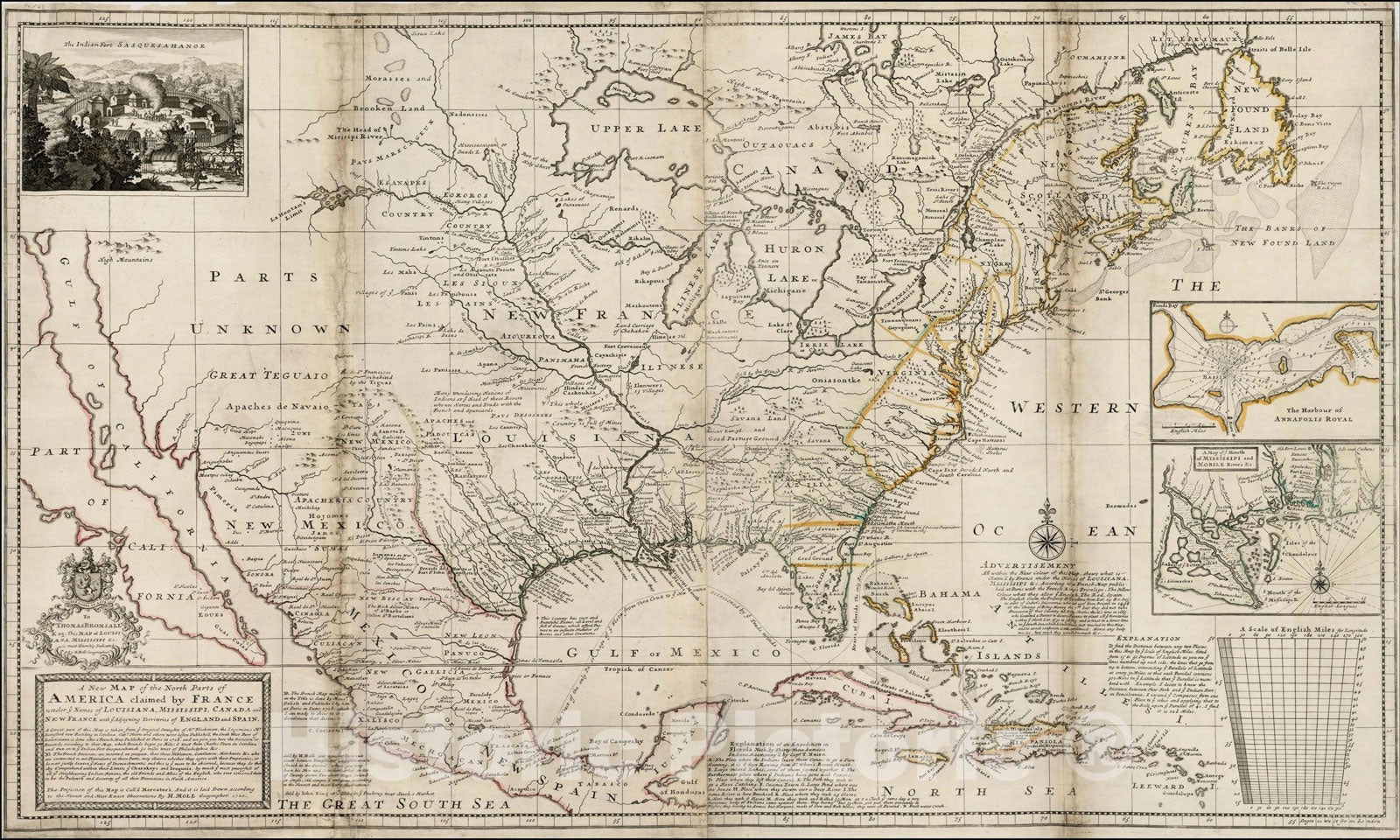 Historic Map : North Parts of America claimed by France under ye Names of Louisiana, Mississipi, Canada and New France, c1730, , Vintage Wall Art