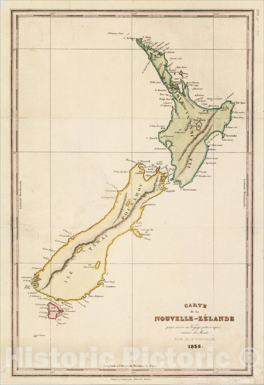Historic Map : Carte de la Nouvelle-Zelande pour Servir au Voyage Pittoresque autour du Monde, 1835, 1835, Jules Sebastian Cesar Dumont-D'Urville, v2, Vintage Wall Art