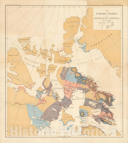 Historic Map : The Eskimo Tribes of North-East America By Dr. F. Boas, 1889, Julius Bien & Co., Vintage Wall Art