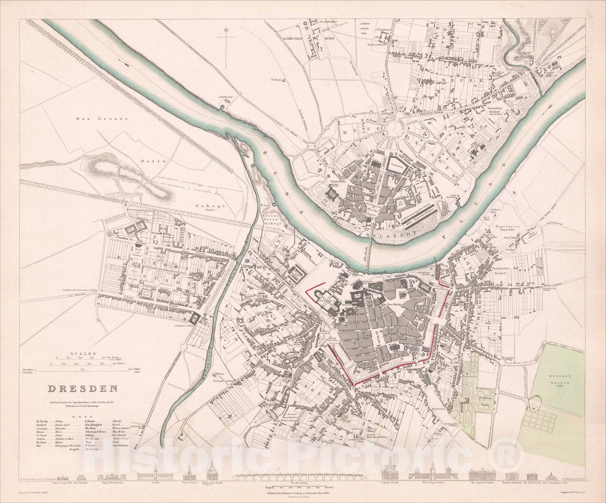 Historic Map : Dresden, 1833, Society for the Diffusion of Useful Knowledge, Vintage Wall Art