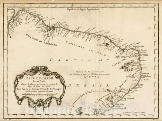 Historic Map : Carte Du Bresil, Prem. Partie. Depuis la Riviere des Amazones jusq'a la Baye de Tous les Saints, 1757, Jacques Nicolas Bellin, v2, Vintage Wall Art