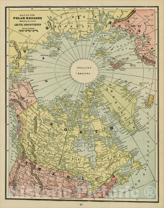 Historic Map : Map of the Polar Regions Showing the recent Arctic Discoveries, 1892, George F. Cram, Vintage Wall Art