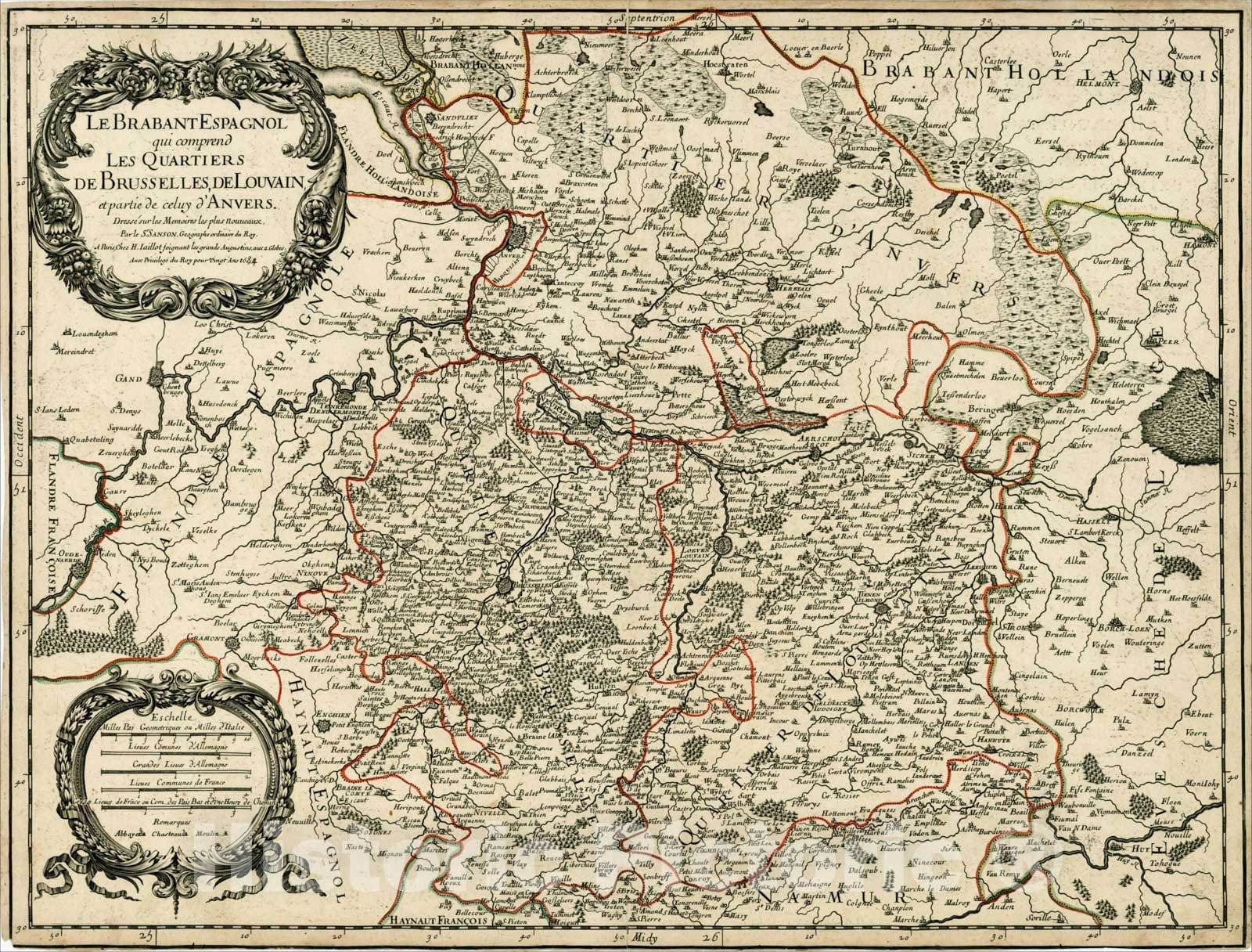 Historic Map : Le Brabant Espagnol qui comprend Les Quartiers De Brusselles, De Louvain, et partie de celuy d'Anver, 1684, 1684, , Vintage Wall Art
