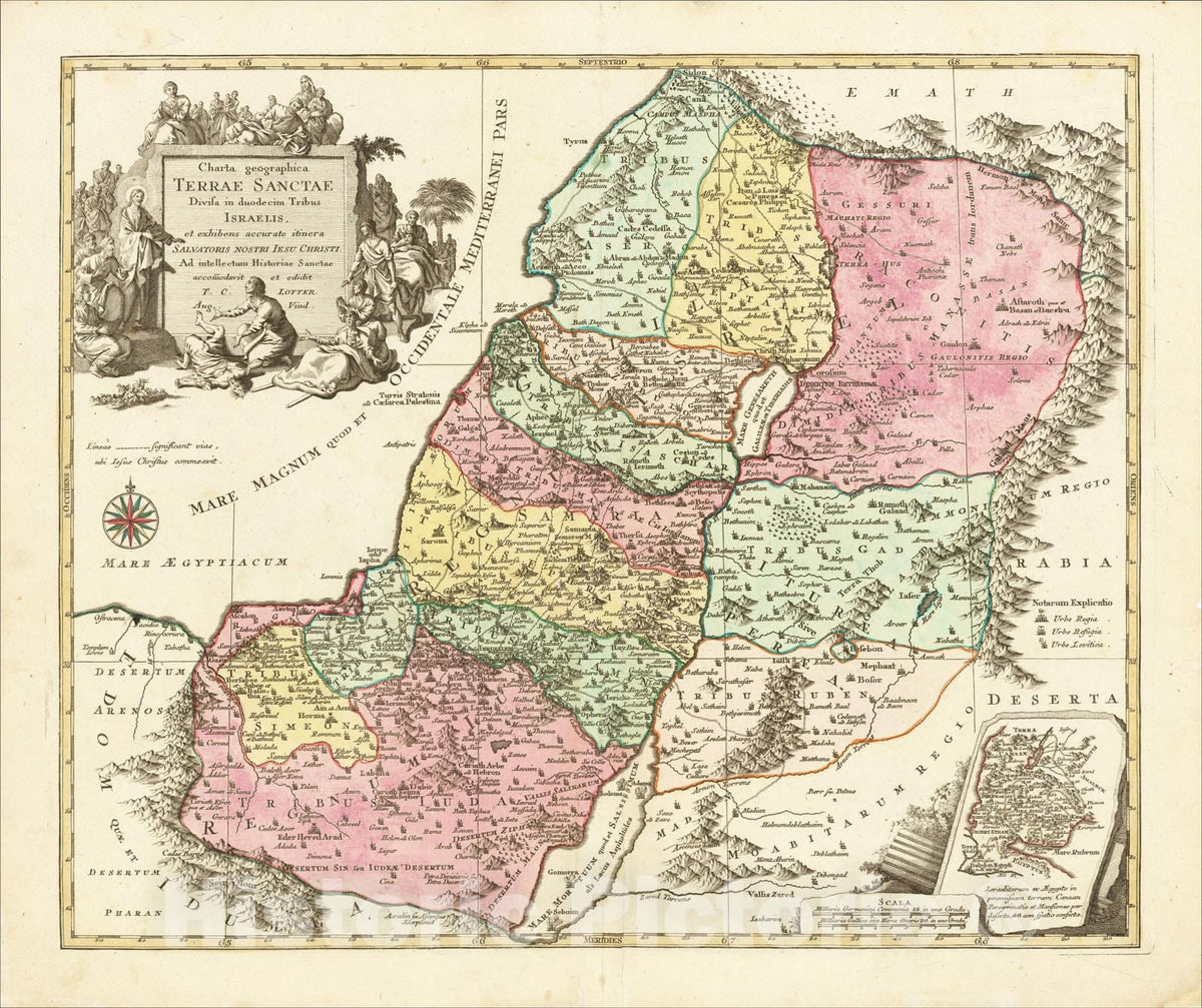 Historic Map : Charta geographica Terrae Sanctae Divisa in duodecim Tribus Israelis, et exhibens accurate itinera Salvatoris Nostri Ieus Christi, c1757, Vintage Wall Art