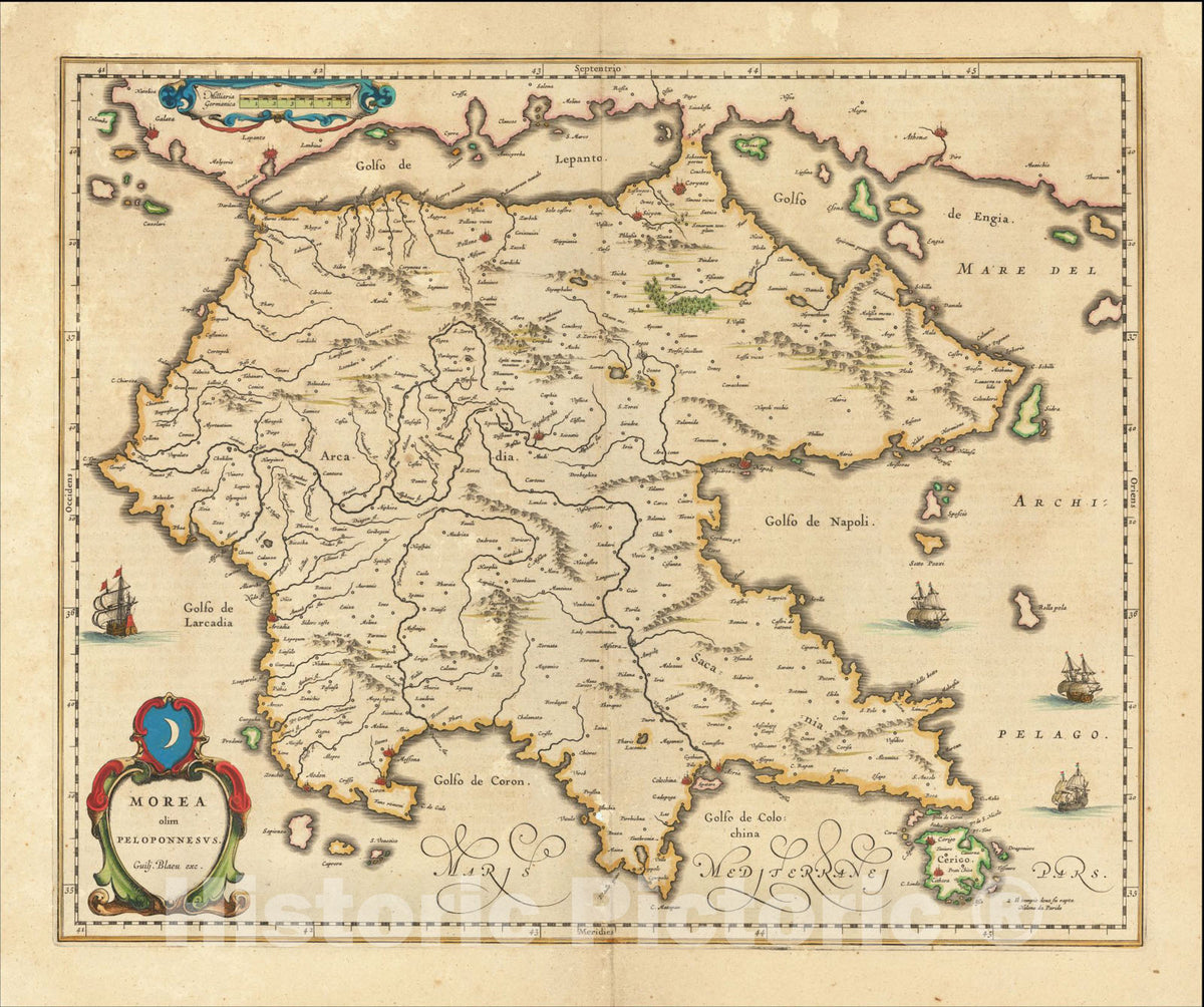 Historic Map : Morea olim Peloponnesus, c1640, Willem Janszoon Blaeu, Vintage Wall Art