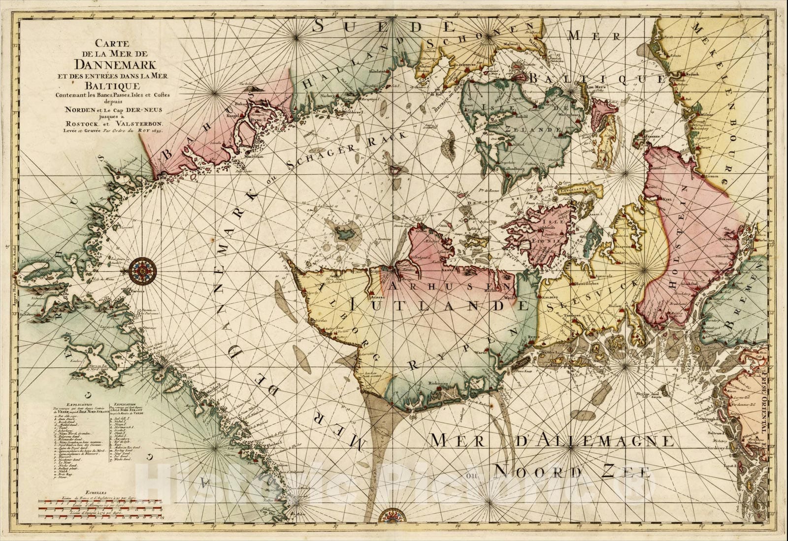 Historic Map : Carte de la Mer de Dannemark et des entrees dans la Mer Baltique Contenant les Bancs, Passes, Isles et Costes depuis Norden, 1693, Vintage Wall Art