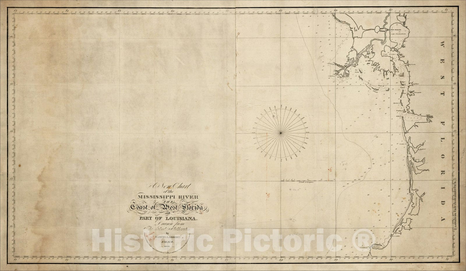 Historic Map : A New Chart of the Mississippi River The Coast of West Florida and Part of Louisiana, 1821, Vintage Wall Art