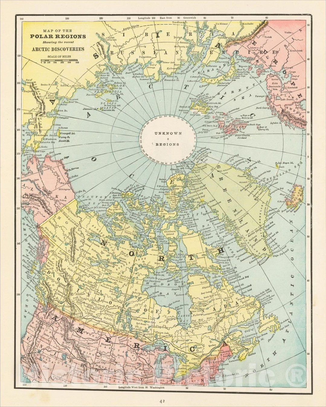 Historic Map : Map of the Polar Regions Showing the recent Arctic Discoveries, 1892, , Vintage Wall Art
