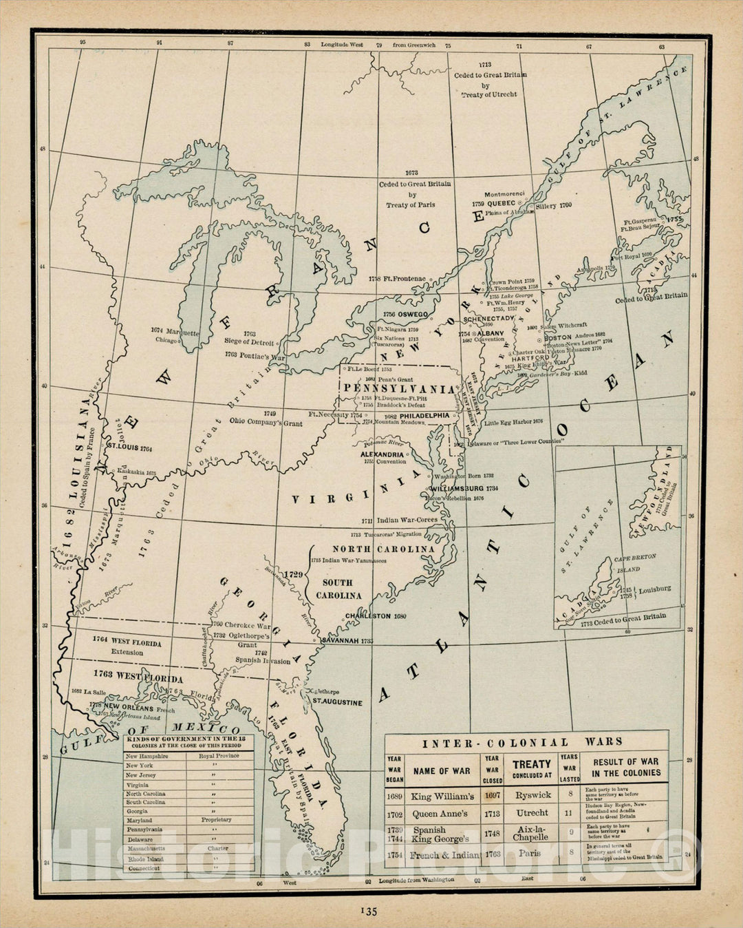 Historic Map : A Map Marking the Settlement of the 13 Colonies in the Eastern United States (no title), 1892, George F. Cram, Vintage Wall Art