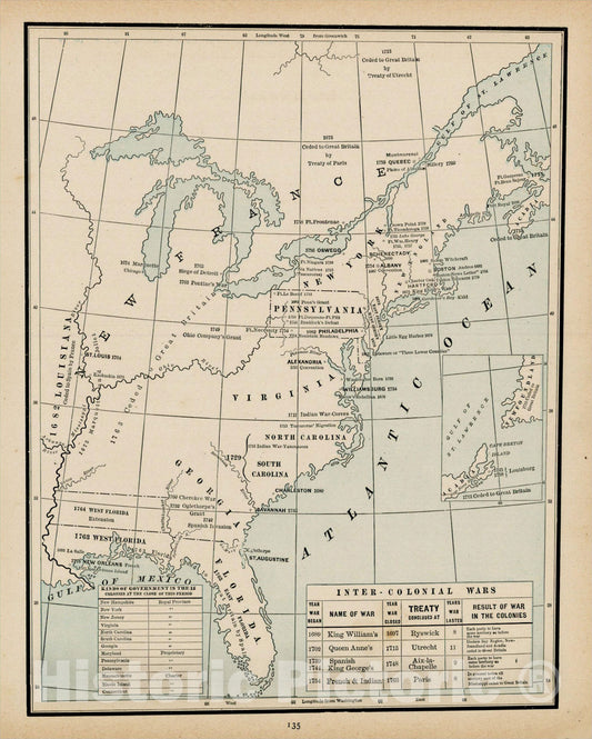Historic Map : A Map Marking the Settlement of the 13 Colonies in the Eastern United States (no title), 1892, George F. Cram, Vintage Wall Art