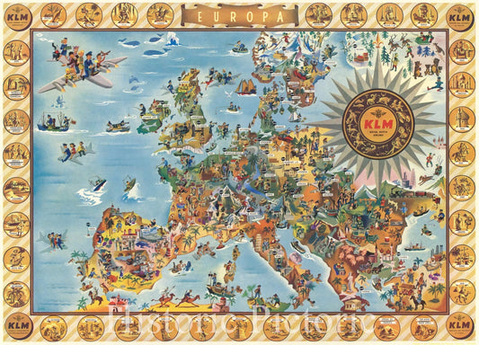 Europe - KLM Airlines Pictorial Map, 1950 circa