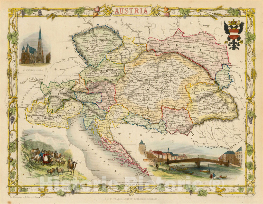Historic Map : Austria, 1851, John Tallis, v1, Vintage Wall Art