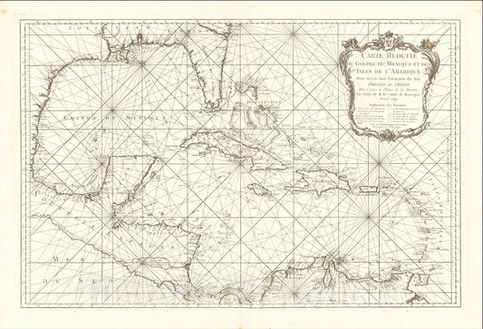 Historic Map : Carte Reduite Du Golphe Du Mexique Et Des Isles De L'Amerique Pour servir au Vaisseaux du Roy, Annee 1749, 1749, Jacques Nicolas Bellin, Vintage Wall Art