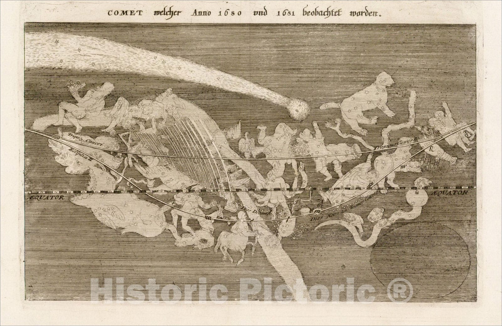 Historic Map : Comet Welcher Anno 168 und 1681 beobachtet worden, 1696, Matthaus Merian, Vintage Wall Art