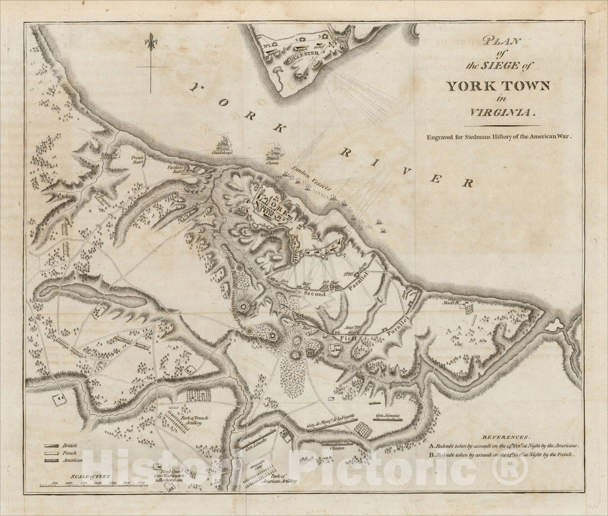 Historic Map : Plan of the Siege of York Town in Virginia, 1794, Charles Stedman, v2, Vintage Wall Art