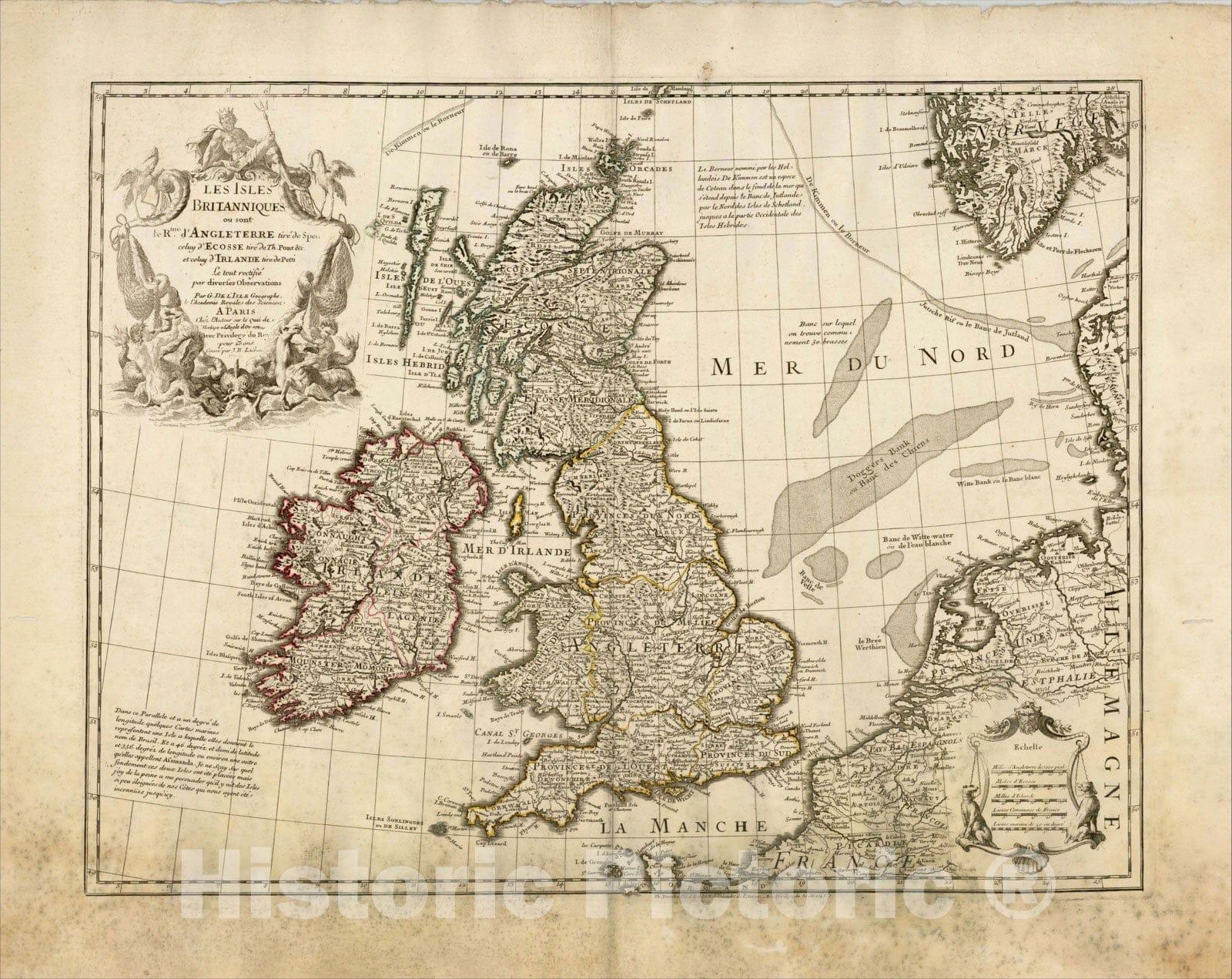 Historic Map : Les Isles Britanniques ou sont le Rme, 1702, Guillaume De L'Isle, Vintage Wall Art
