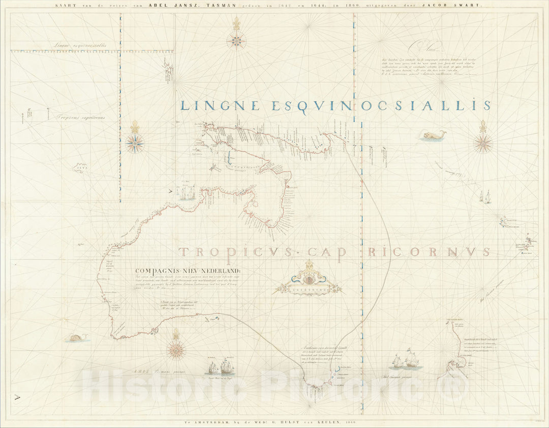 Historic Map : Kaart van de reizen van Abel Jansz. Tasman gedaan in 1642 en 1644, in 1860 uitgegeven door Jacob Swart, 1860, Gerard Hulst Van Keulen, Vintage Wall Art