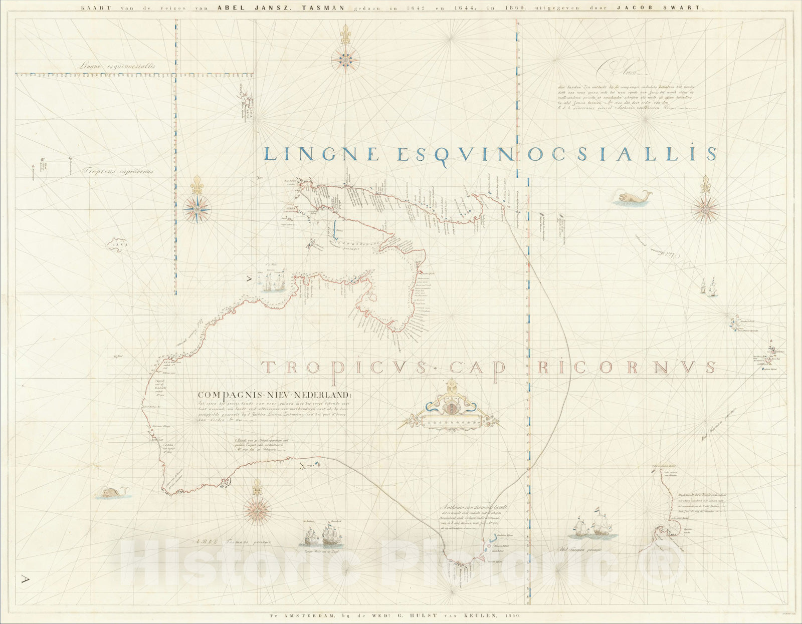 Historic Map : Kaart van de reizen van Abel Jansz. Tasman gedaan in 1642 en 1644, in 1860 uitgegeven door Jacob Swart, 1860, Gerard Hulst Van Keulen, Vintage Wall Art
