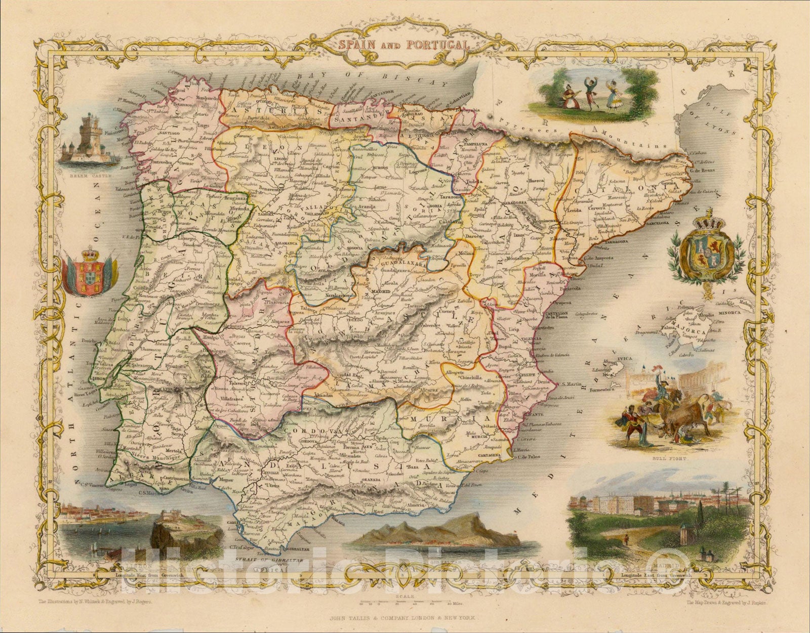 Historic Map : Spain and Portugal, 1851, John Tallis, v2, Vintage Wall Art