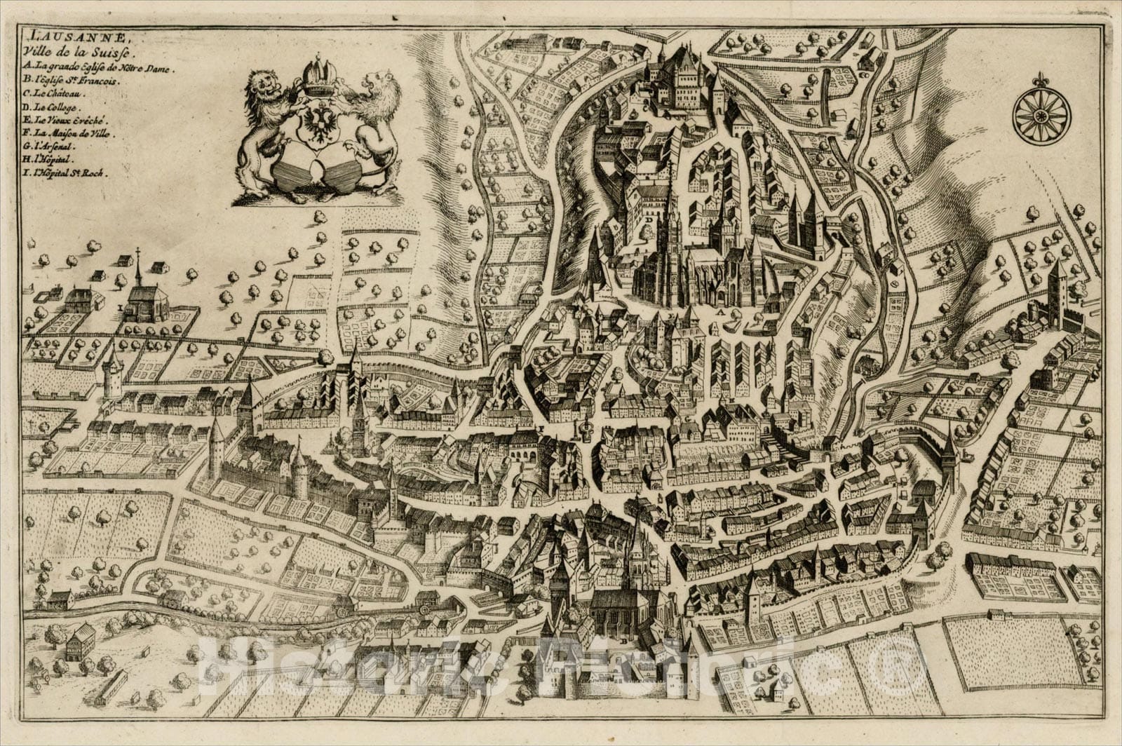 Historic Map : Lausanne, Ville de la Suisse, 1723, Pieter van der Aa, Vintage Wall Art