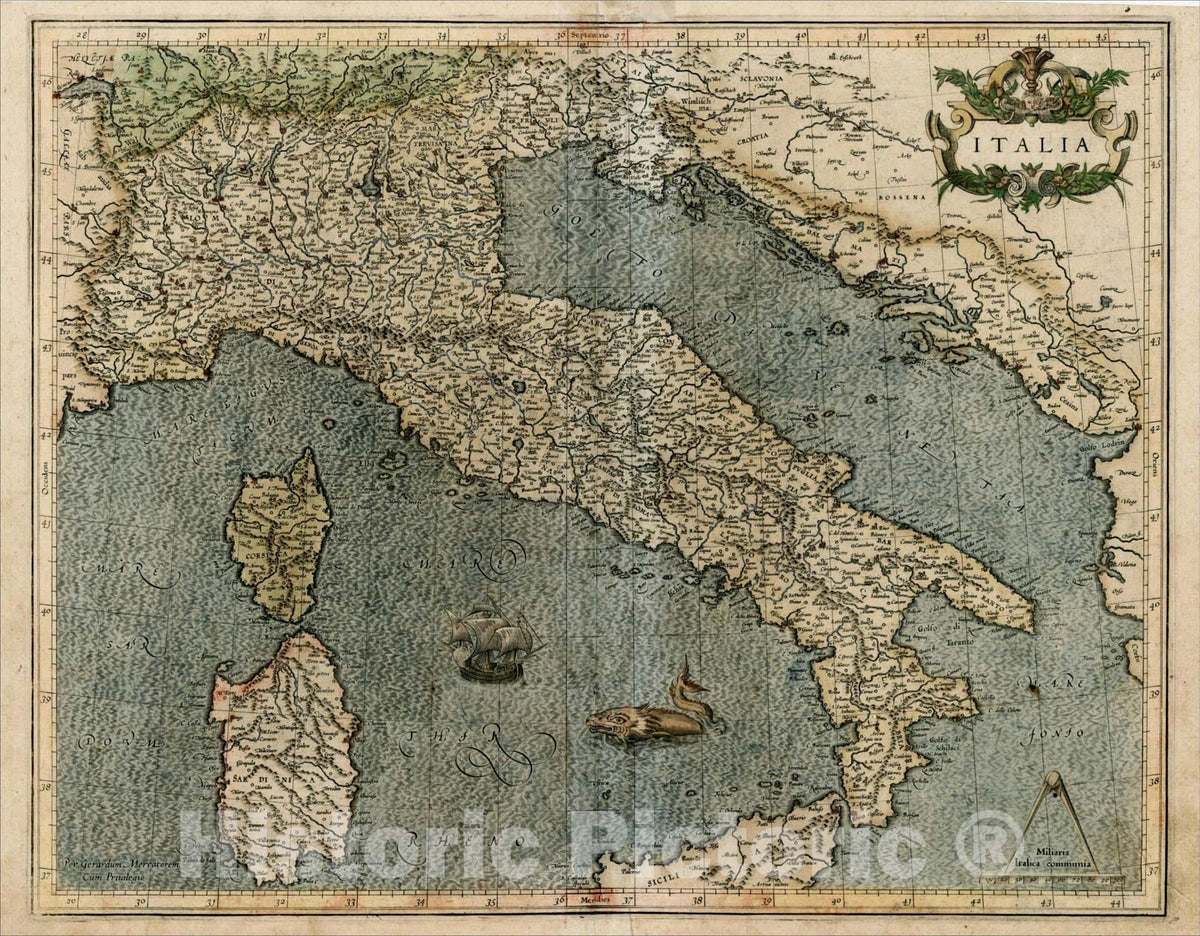 Historic Map : Italia, 1595, Gerard Mercator, Vintage Wall Art