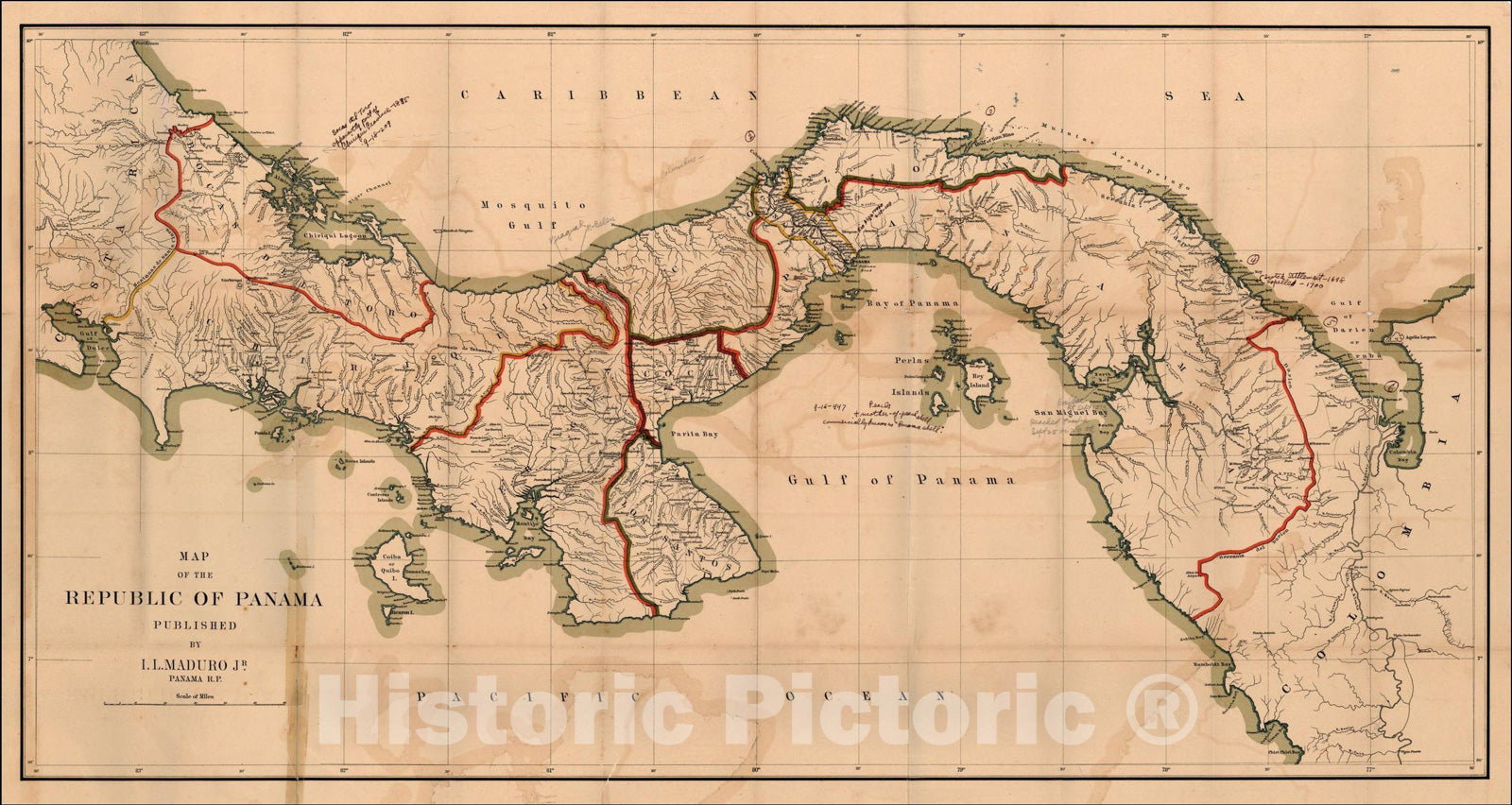 Historic Map : Map of the Republic of Panama Published by I.L. Maduro Jr. Panama R.P., c1912, I. L. Maduro, Vintage Wall Art
