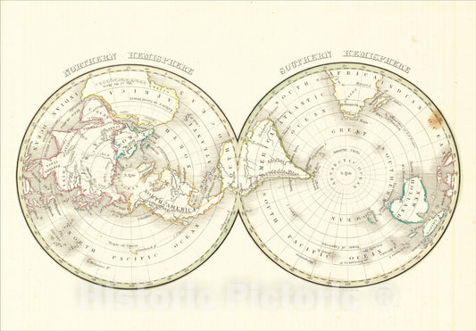 Historic Map : Northern Hemisphere, Southern Hemisphere, 1835, Thomas Gamaliel Bradford, Vintage Wall Art