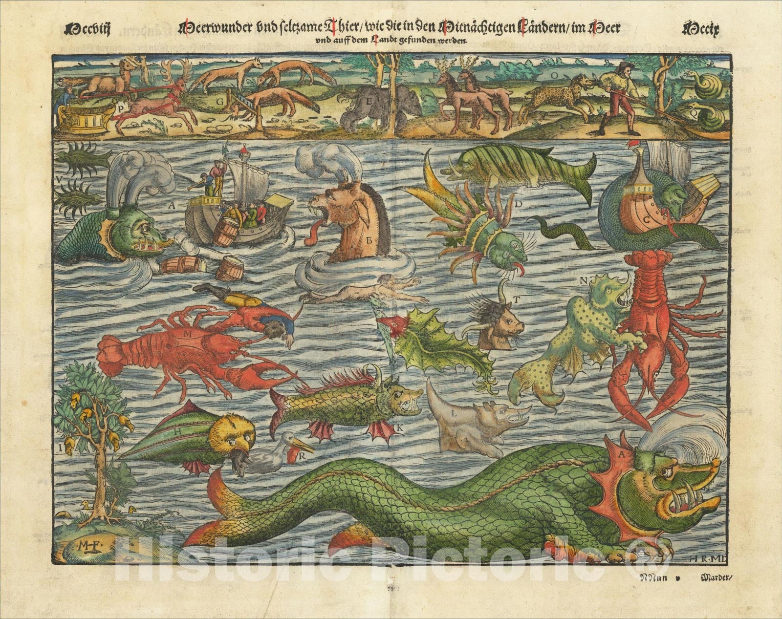 Historic Map : Meerwunder und Seltzame Thier/Wie Die In Den Mitnac?igen Landern Gefunden Werden [Munster's Famous Chart of Sea Monsters], c1570, v2, Vintage Wall Art
