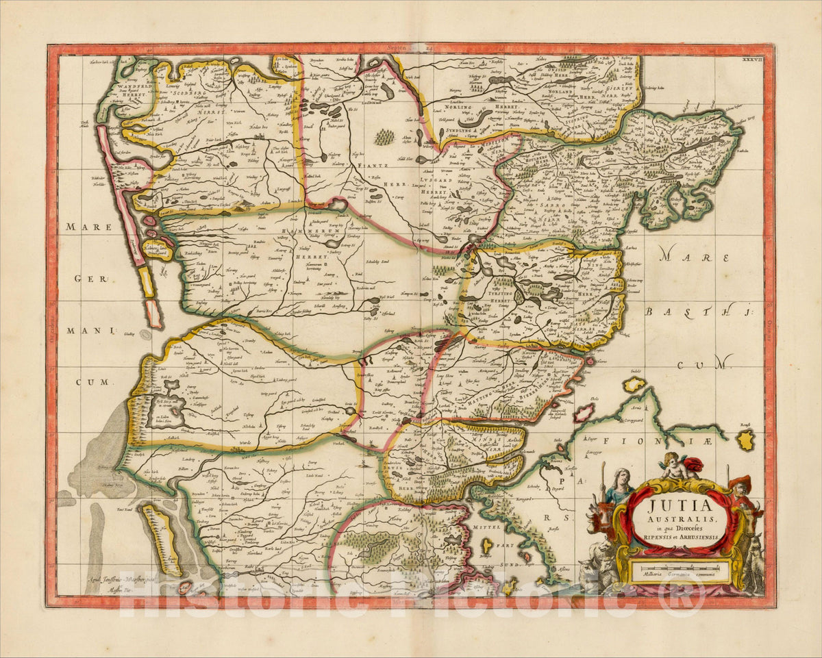 Historic Map : Jutia Australis in qua Dioceses Ripensis et Arhusiensis, c1680, , Vintage Wall Art