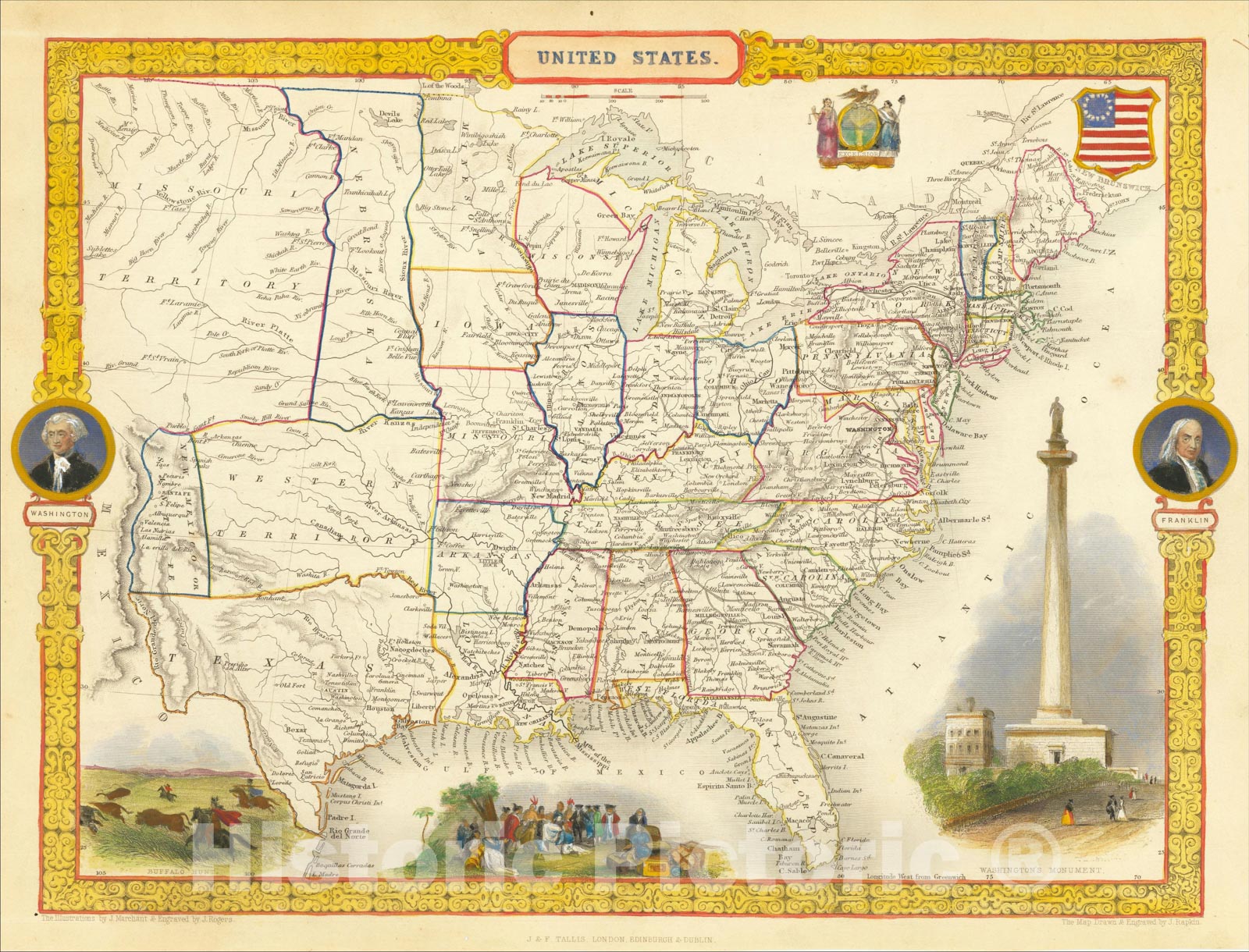 Historic Map : United States, 1851, John Tallis, Vintage Wall Art