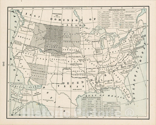 Historic Map : Map showing the 1867 Dominion of Canada, Seceding States, Northern United States and various Territories (No title), 1892, George F. Cram, Vintage Wall Art