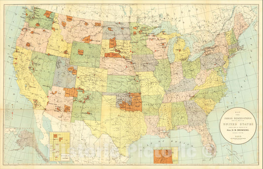 Historic Map : Map Showing Indian Reservations Within The Limits of the United States, 1893, United States Bureau of Indian Affairs, Vintage Wall Art