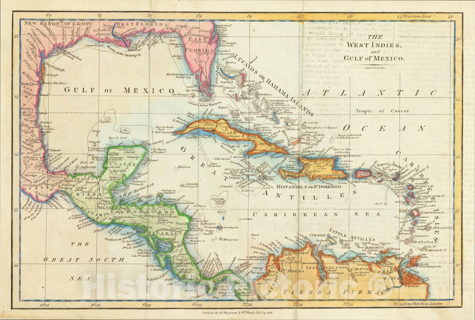 Historic Map : The West Indies and Gulf of Mexico. Engraved by J. Cary, 1781, James Mac Gowan, Vintage Wall Art