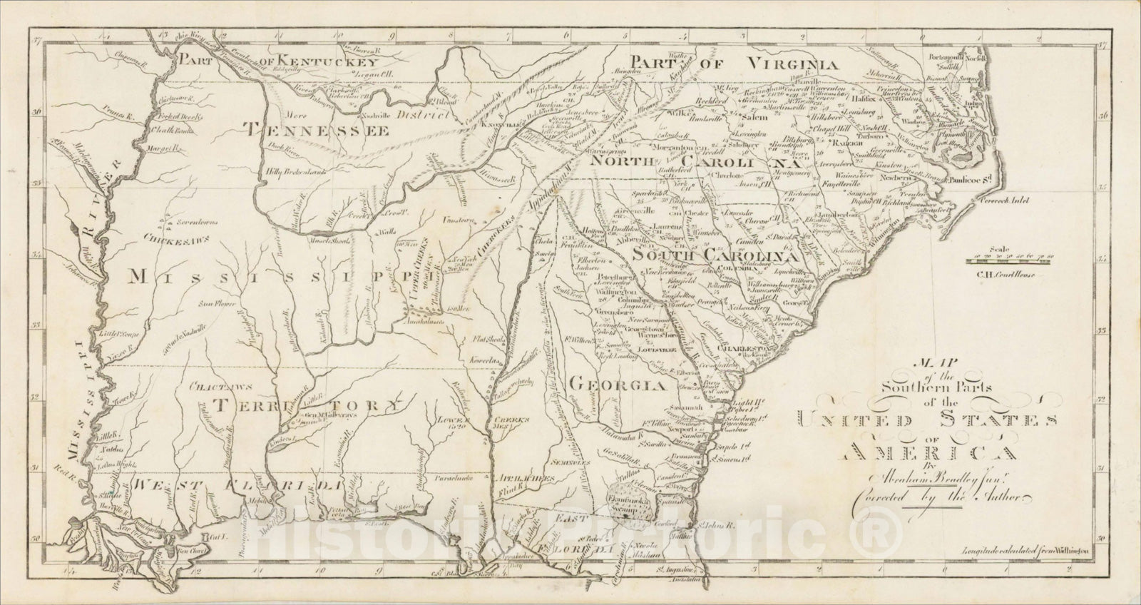 Historic Map : Map of the Southern Parts of the United States of America By Abraham Bradley Junr., 1797, Jedidiah Morse, Vintage Wall Art