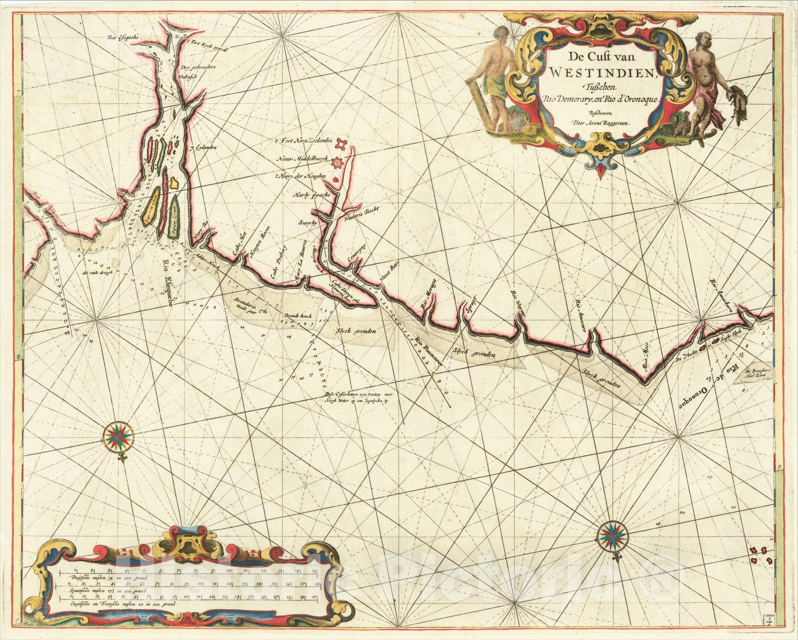 Historic Map : De Cust van Westindien Tuschen Rio Demerary, en Rio Oronoque, 1675, Arent Roggeveen, Vintage Wall Art